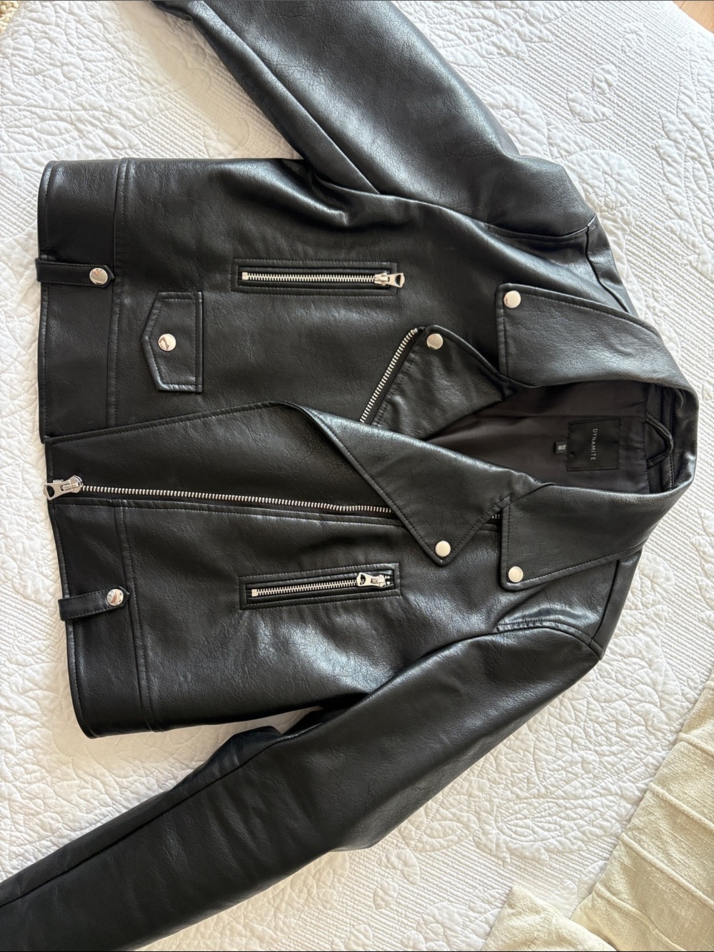 Dynamite Black Leather Moto Jacket with Silver Hardware